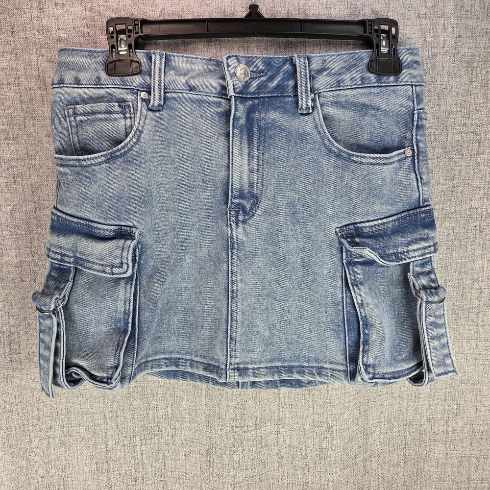 Wax Jean Women Acid Wash Denim Cargo Mini Skirt Light Blue Small Utility